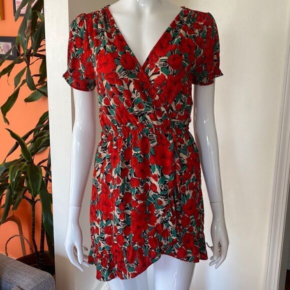 Zara Basic Red Floral Mini Wrap Dress Size XS - Picture 5 of 15